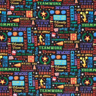 Novelty - Cheerleader Words Text Black Digitally Printed Yardage