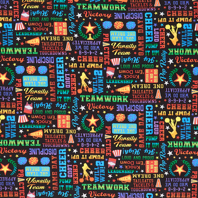 Novelty - Cheerleader Words Text Black Digitally Printed Yardage