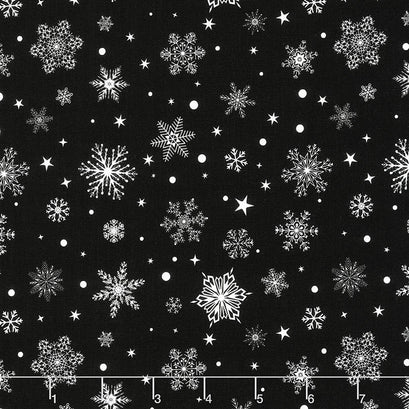 Winter Blooms - Snowflakes Black Yardage