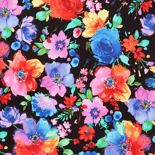 Untamed Beauty - Large Bright Painted Florals Black Yardage