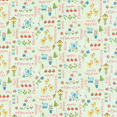 Backyard Happenings - Words Light Green Yardage