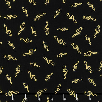 Orchestra - Tossed Metallic G-Clefs Black Metallic Yardage
