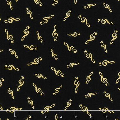 Orchestra - Tossed Metallic G-Clefs Black Metallic Yardage
