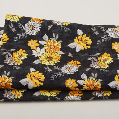 Mellow Yellow - Large Yellow Flowers Black 2 Yard Cut
