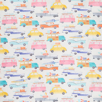 Beach Bound - Retro Cars Light Gray Mutli Digitally Printed Yardage