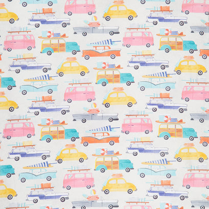 Beach Bound - Retro Cars Light Gray Mutli Digitally Printed Yardage
