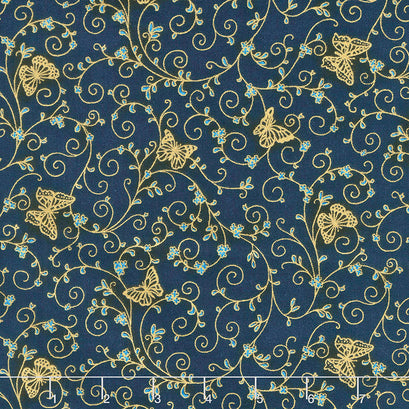 Bella Mariposa - Butterflies and Vines Navy Metallic Yardage
