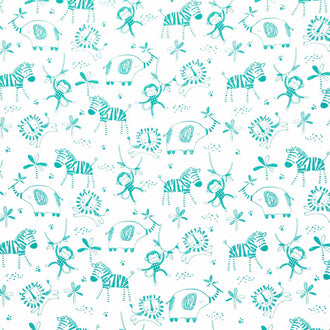 Comfy Flannel® - Sketched Green Jungle Animals on White Yardage