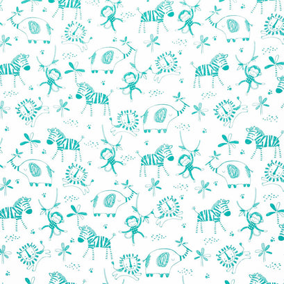 Comfy Flannel® - Sketched Green Jungle Animals on White Yardage