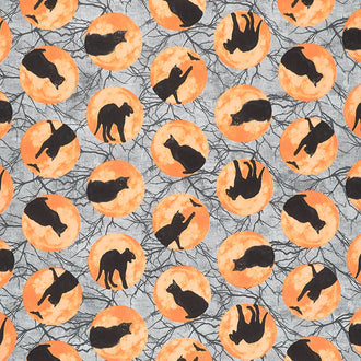 Black Cat Capers - Cats In Moon Gray Yardage