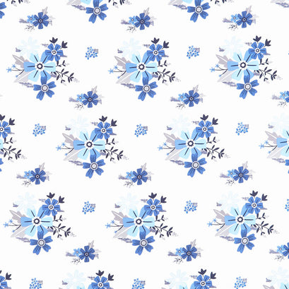 Blue Stitch - Floral White Yardage