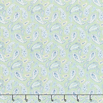 Bohemian Blue - Small Paisley Green Yardage