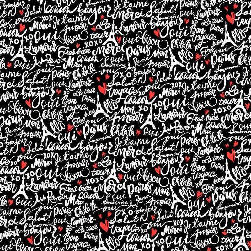 Bonjour - Parisian Words Black Yardage Primary Image