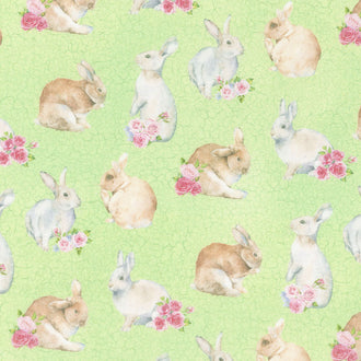 Bunny Love - Realistic Bunnies Green Multi Yardage