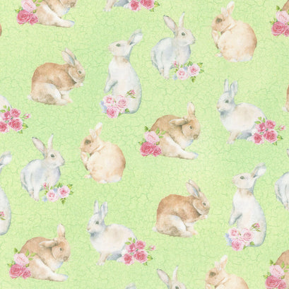 Bunny Love - Realistic Bunnies Green Multi Yardage