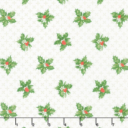 Merry Christmas - Tossed Holly White Multi Yardage