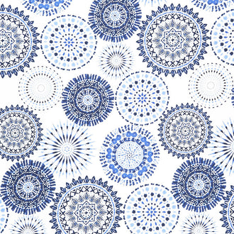 Indigo Splash - Watercolor Medallions White Yardage