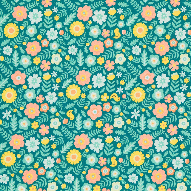 Quilt Town Missouri Star Medium Floral Teal Yardage