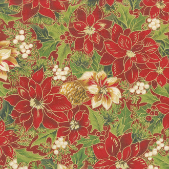 Cardinal Song Metallic - Poinsettia & Pine Crimson Yardage
