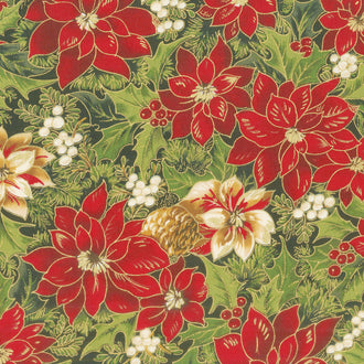 Cardinal Song Metallic - Poinsettia & Pine Ebony Yardage