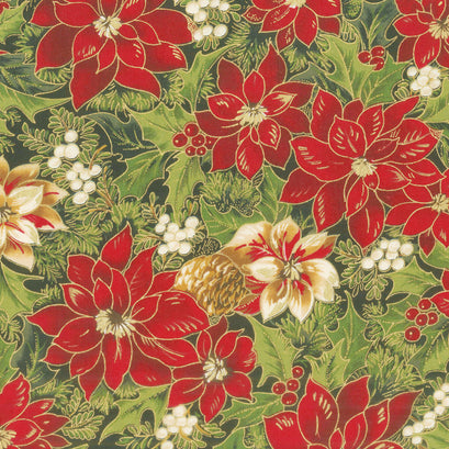 Cardinal Song Metallic - Poinsettia & Pine Ebony Yardage