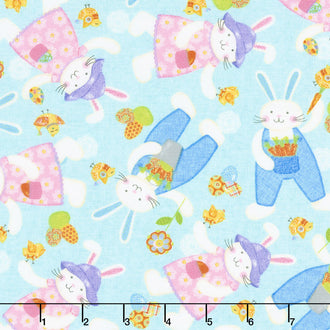 Carrot Patch - Tossed Bunnies Blue Yardage