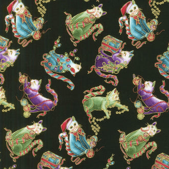 Cat-I-Tude Christmas - Mini Playful Cats Black Multi Metallic Yardage