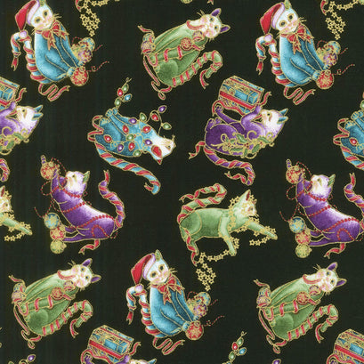 Cat-I-Tude Christmas - Mini Playful Cats Black Multi Metallic Yardage