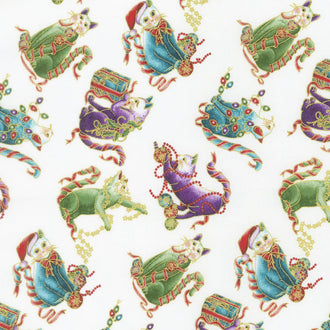 Cat-I-Tude Christmas - Mini Playful Cats White Multi Metallic Yardage