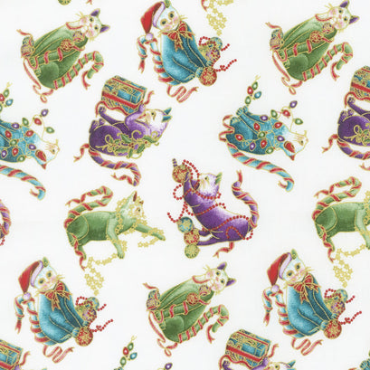 Cat-I-Tude Christmas - Mini Playful Cats White Multi Metallic Yardage