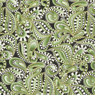 Cat-I-Tude Christmas - Paisley Swirl Green Metallic Yardage