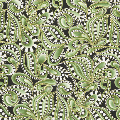 Cat-I-Tude Christmas - Paisley Swirl Green Metallic Yardage