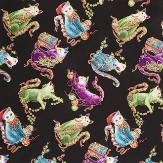 Cat-I-Tude Christmas - Playful Cats Black Multi Metallic Yardage