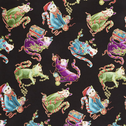 Cat-I-Tude Christmas - Playful Cats Black Multi Metallic Yardage