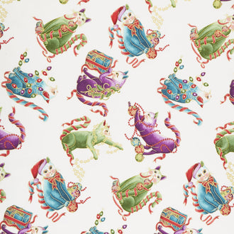 Cat-I-Tude Christmas - Playful Cats White Multi Metallic Yardage