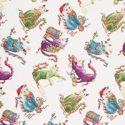 Cat-I-Tude Christmas - Playful Cats White Multi Metallic Yardage