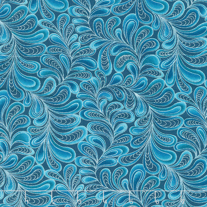Cat-i-tude - Singing the Blues Feather Frolic Teal Pearlized Yardage