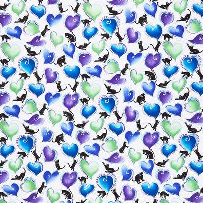 Cat-i-tude - Singing the Blues Hearts and Cats White Pearlized Yardage