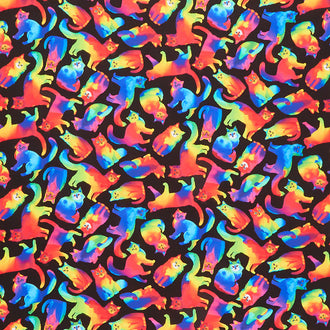 Cats - Bright Rainbow Tossed Cats Black Yardage