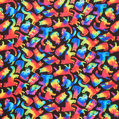 Cats - Bright Rainbow Tossed Cats Black Yardage