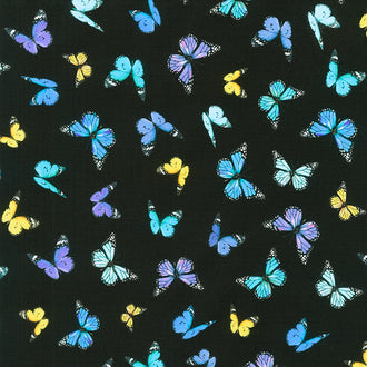 Pansy Paradise - Tossed Butterflies Black Yardage