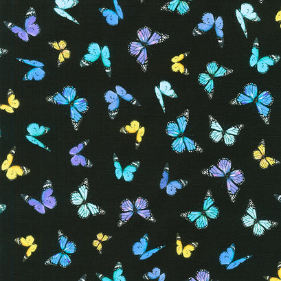 Pansy Paradise - Tossed Butterflies Black Yardage