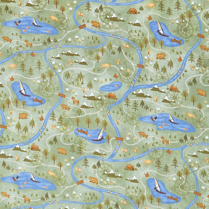 The Mountains are Calling - Map Green Flannel Yardage