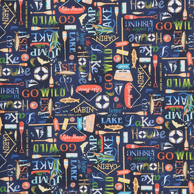 Lake House (Robert Kaufman) - Fishing Text Navy Yardage Primary Image