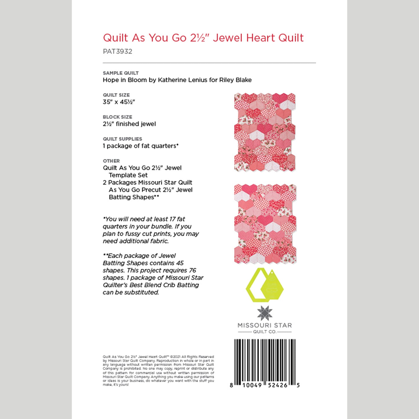 Digital Download - Quilt As You Go 2 1/2" Jewel Heart Quilt Pattern by Missouri Star Alternative View #1