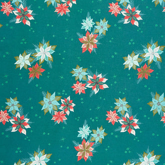 Cheer and Merriment - Poinsettia Mix Teal Yardage