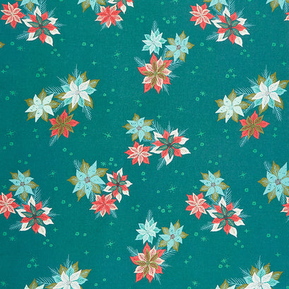 Cheer and Merriment - Poinsettia Mix Teal Yardage