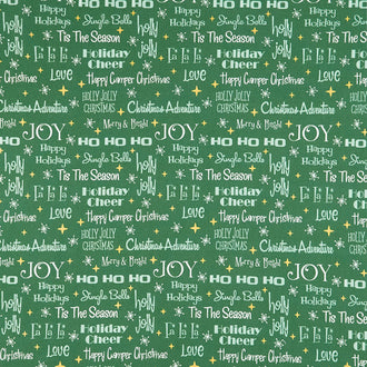 Christmas Adventure - Phrases Green Metallic Yardage