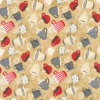Coffee Time - Tossed Coffee Cups Tan Yardage