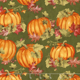 Colors of Fall - Pumpkins and Leaves Green Yardage